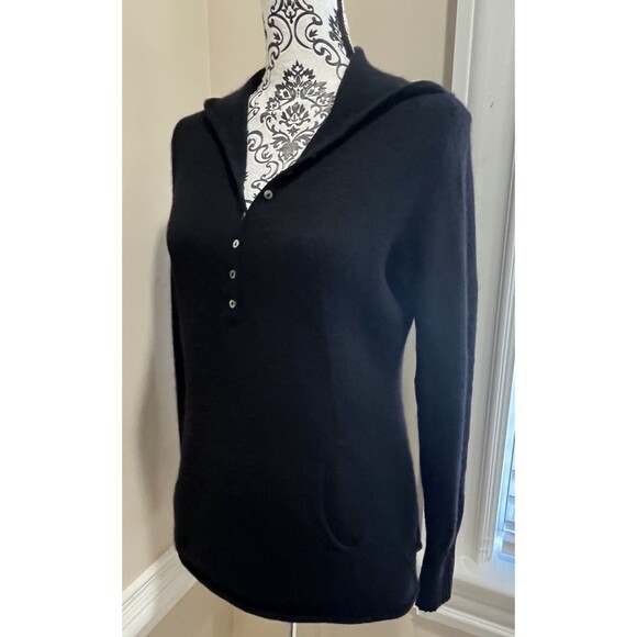Vintage Henley Hoodie Cashmere Sweater Womens L Kangaroo Pouch Black Y2K Preppy - Picture 4 of 13